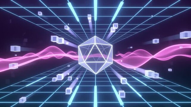 Motion graphics animation of a futuristic blue cyber space tunnel with glowing grid lines and floating geometric cubes moving rapidly through a digital data transmission network loop