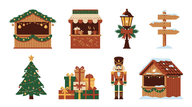 Collection of charming Christmas market stalls and festive decorations.