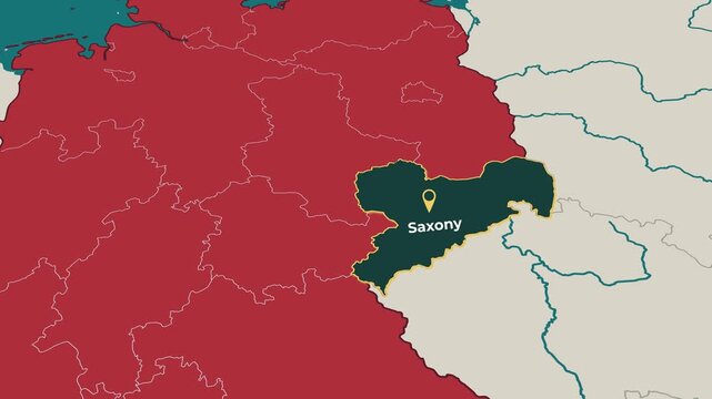 Animated map of Saxony, Germany, highlighting the federal state boundary and location within Germany. Useful for geography, education, regional analysis, news, documentary and European content