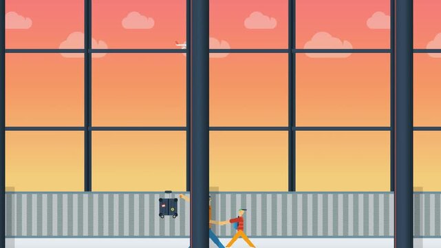 2D animation of father and son walking with rolling luggage in an airport terminal with airplane flying outside the window at sunset