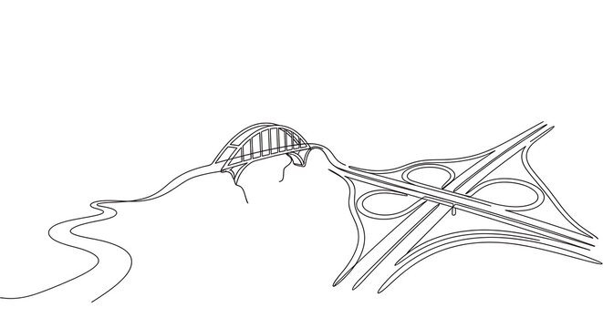 Continuous Line Art Bridge Highway Interchange Road Infrastructure Transportation Logistics Network Concept