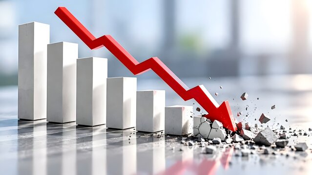 Financial crisis concept with red descending arrow breaking through white graph bars representing economic recession market crash and investment loss