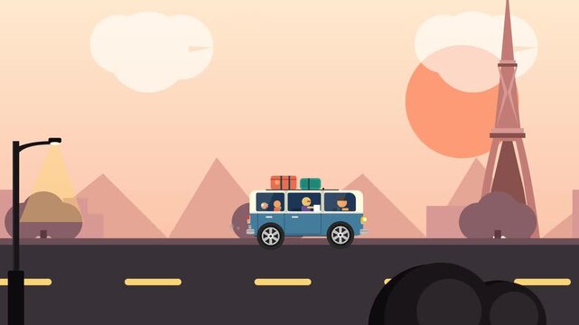 2D flat animation of a blue camper van with a family driving through Paris past the Eiffel tower at sunset during a summer road trip with luggage on the roof