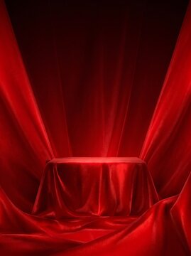 Luxurious red velvet podium covered in draped fabric for exclusive product reveal.