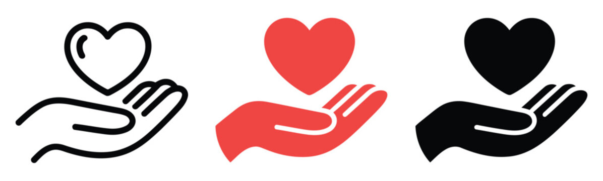 Hand holding heart icon, charity symbol, and love signs representing compassion, kindness, support, donation, and humanitarian care