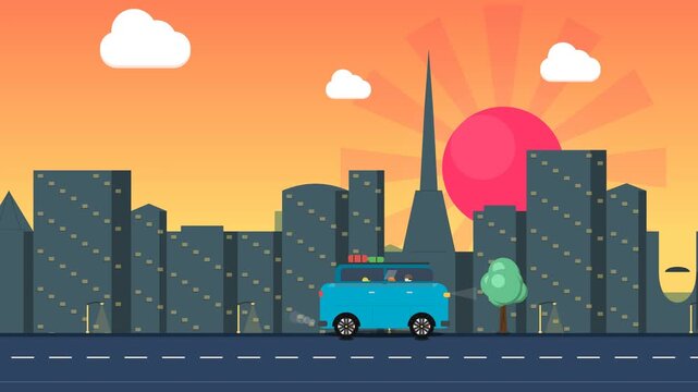 2D flat animation of a blue van with luggage on the roof driving through a detailed city street during sunset with passing streetlights and sun rays