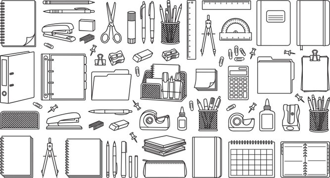Office supplies and school stationery line icon set with notebook pen pencil scissors ruler calculator folder and desk organizers for business education vector