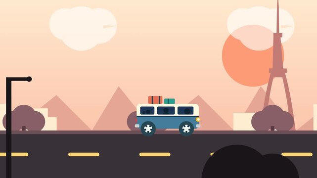 2D flat animation of a blue camper van with luggage driving through Paris past the Eiffel tower at sunset during a summer road trip vacation