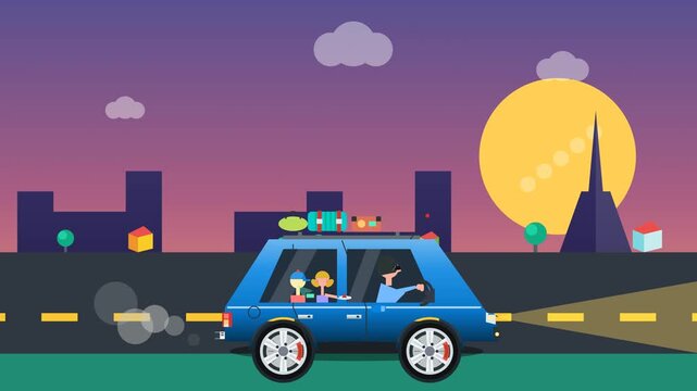 2D animation of a family taking a road trip in a blue car with luggage driving through a Paris cityscape at sunset with the Eiffel Tower