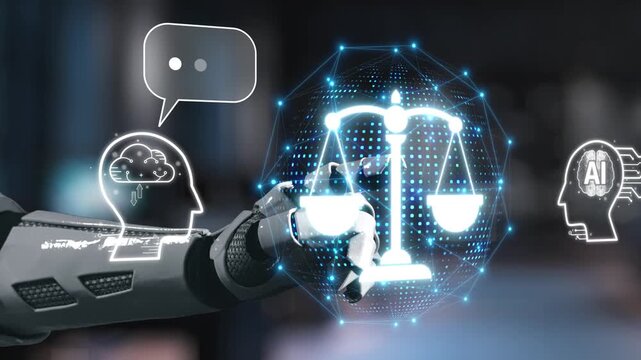 A robot hand engages with legal scales, symbolizing the intersection of artificial intelligence and law, highlighting the impact of technology on ethical practices in modern legal systems. Salient