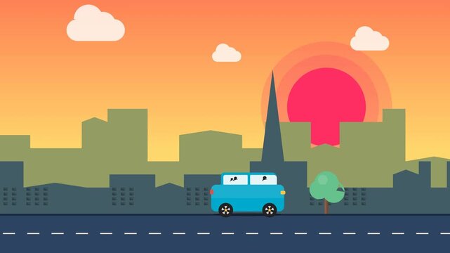 2D flat animation of a blue car driving through a city skyline during a colorful sunset or sunrise with passing trees and minimal buildings