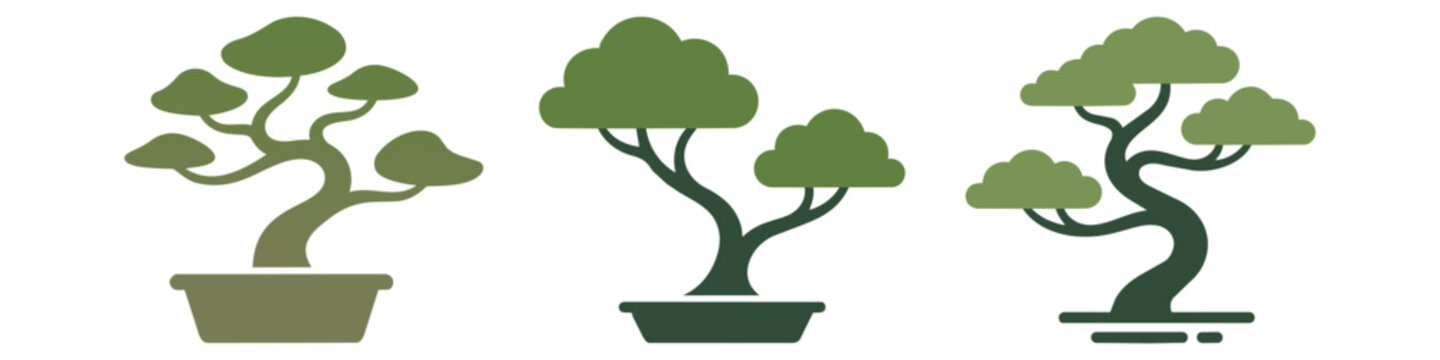 Collection of decorative bonsai tree illustrations in various pots as graphic design elements with japanese oriental illustration minimalist