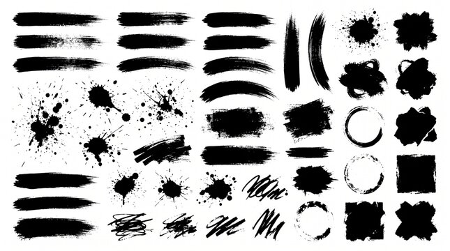 Black brush strokes and ink splatters collection grunge texture elements vector design set