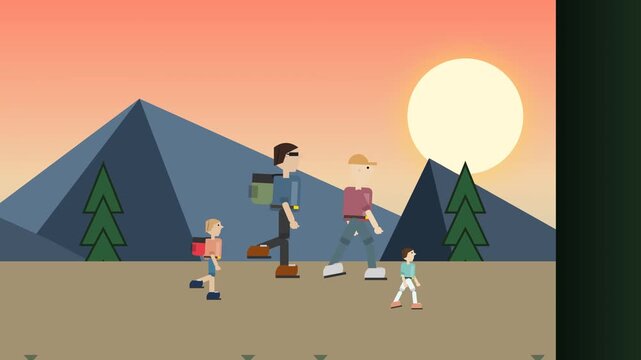 2D flat design animation of a family with backpacks hiking through a beautiful national park with mountains and pine trees at sunset