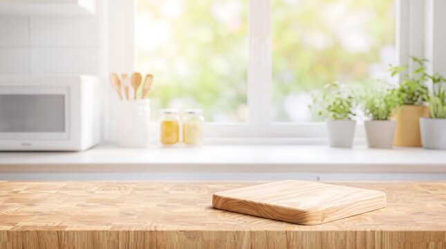 Empty light wooden kitchen countertop with cutting board and blurred sunny background.