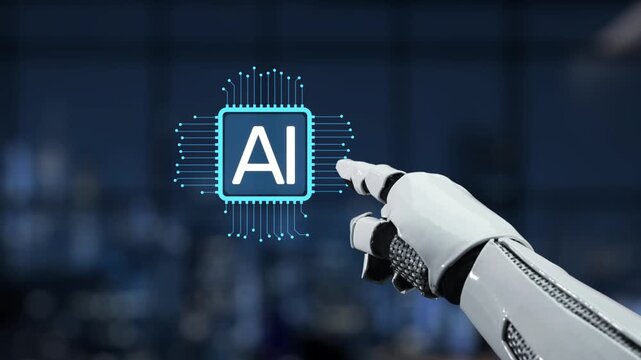 A robotic hand points toward a blue AI emblem surrounded by a network of circuits and binary code, illustrating the fusion of robotics and artificial intelligence in modern technology. Synapse