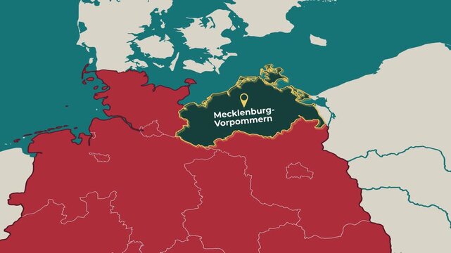 Animated map of Mecklenburg-Vorpommern, Germany, highlighting the federal state boundary and location within Germany. Useful for geography, education, regional analysis, news, documentary and European