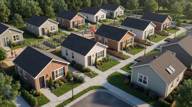 aerial view of suburban houses in a modern residential neighborhood