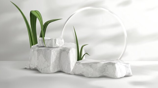 Minimalist marble podiums with natural green leaves for product presentation on bright white background.