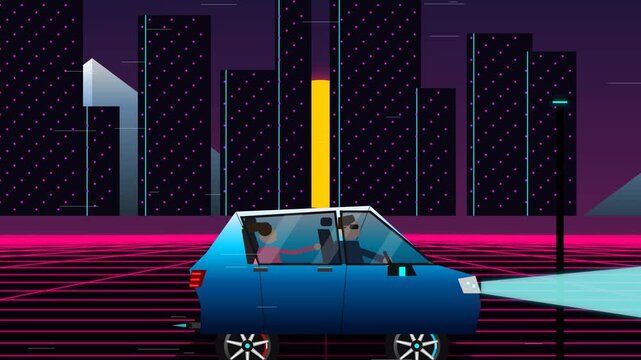 Retro synthwave 2D animation of a futuristic car driving through a neon city skyline at night with a glowing grid and large sun in vaporwave style