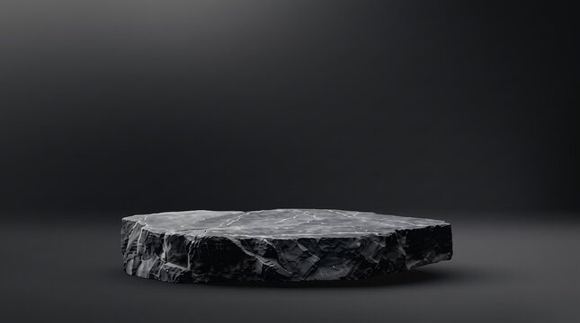Black marble stone pedestal for luxury product photography on dark abstract background.