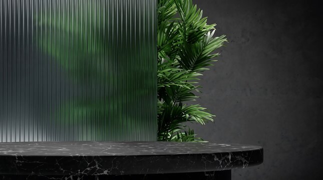 Circular black marble pedestal with textured green fluted glass screen and palm leaves decoration.