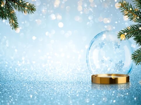 Christmas snow globe on golden pedestal with glittering blue background and pine tree branches for holiday marketing.