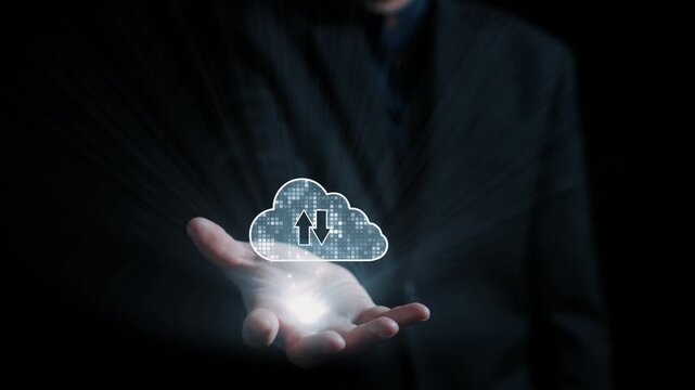 Creative illustration of cloud technology featuring upload and download symbols with folders in a hand, demonstrating the concept of digital data transfer and storage. Qubit