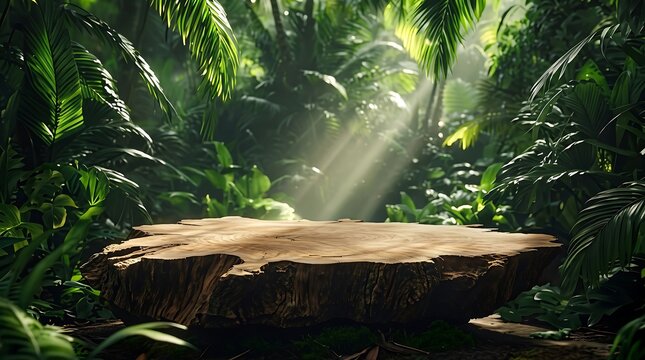 Natural tree stump display podium in lush tropical rainforest environment.