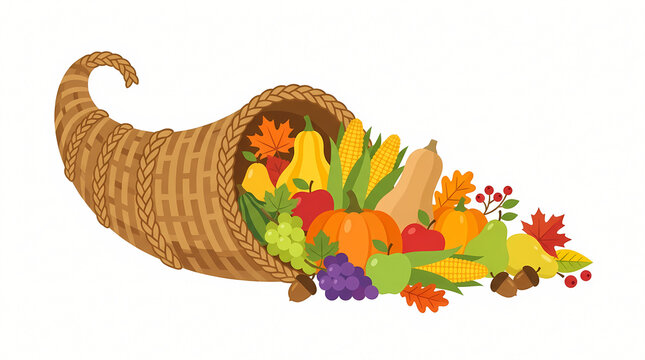 Cornucopia overflowing with autumn harvest fruits vegetables and fall leaves symbolizing abundance and Thanksgiving