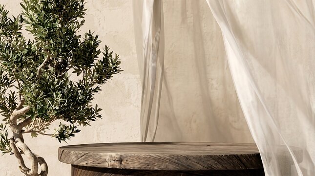 Rustic round wooden podium with olive tree and sheer curtains for product display.