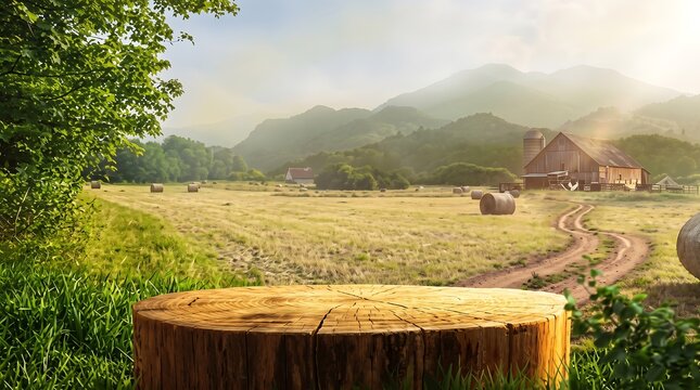 Large wooden tree stump platform in serene rural farm field landscape.
