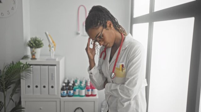Woman doctor with stethoscope and pens in pocket, hand to forehead, leaning by window in building; stress compassion.