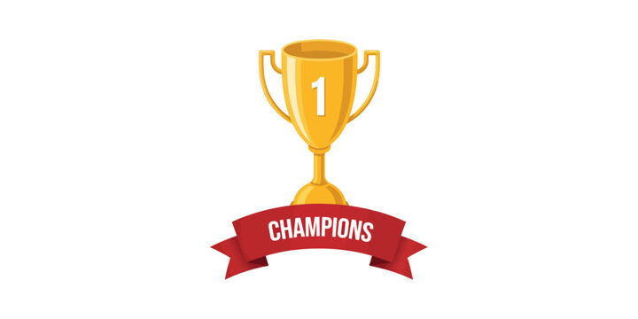 Gold trophy cup with number one and red champions ribbon banner
