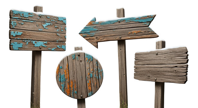 Vintage weathered wooden signs, 4 rustic timber signboards with peeling blue paint, antique directional arrow and blank wood plaques on white