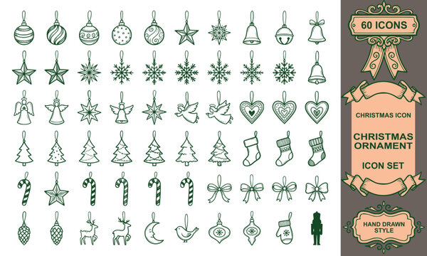 hand drawn christmas ornament icon set bundle holiday bauble star winter decoration linear vector illustration