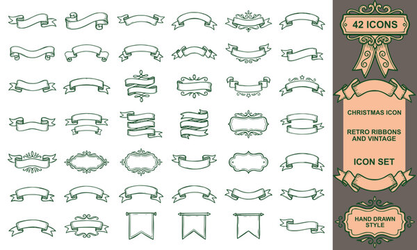 hand drawn retro ribbon and vintage banner icon set decorative scroll label header vector illustration