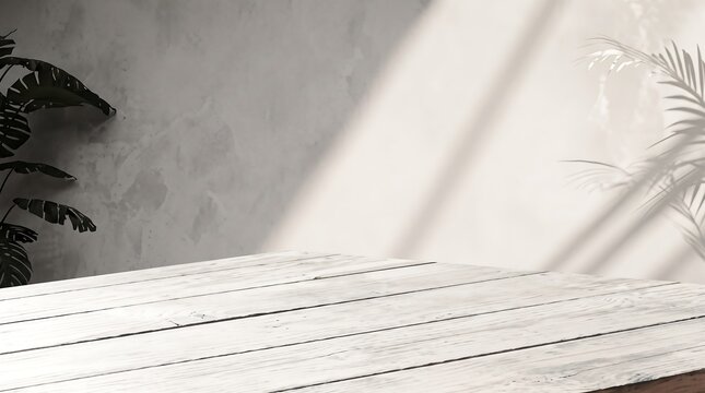 Minimalist white wood table podium platform for product display against modern gray wall.
