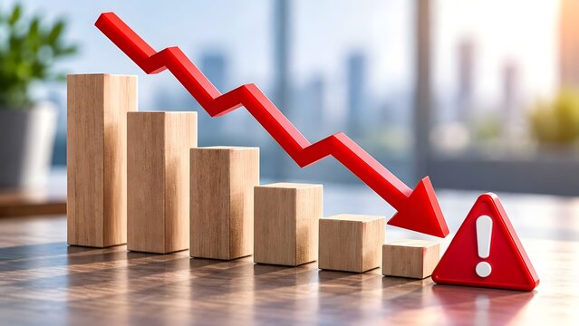 Economic recession indicator concept with descending red arrow falling over wooden block chart representing financial loss and business decline