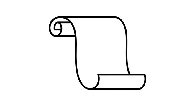 Stylized ancient scroll unfurling, simple outline illustration on white background, representing history, documents, or creativity.