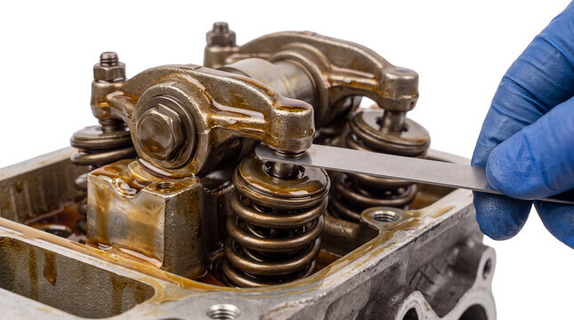 Mechanic measuring valve clearance on transparent background