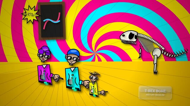 2D cartoon animation of people visiting a natural history museum looking at a Tyrannosaurus rex dinosaur skeleton against a psychedelic spinning background