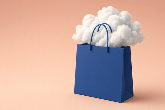 Fluffy white cloud emerging from a blue shopping bag with copy space