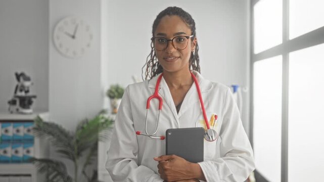 Woman doctor holds tablet to chest with stethoscope draped and smiles, framed by window and clock inside a clinical building; confidence caring.