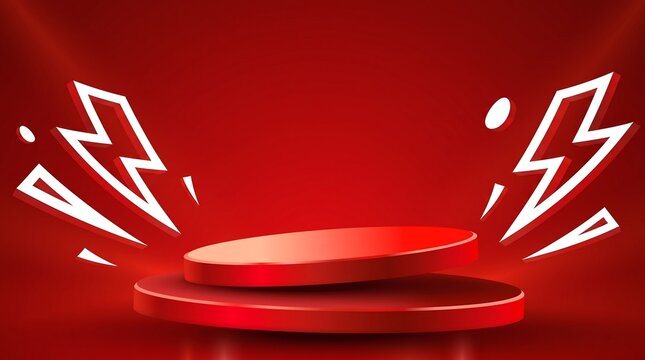 Dynamic two-tiered red podium with lightning bolt graphics for energetic promotions.