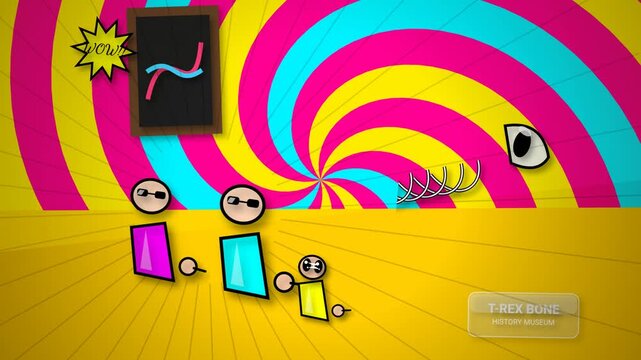 Abstract colorful animation of stylized geometric characters visiting a bizarre history museum with a T-Rex bone and a psychedelic spiral background
