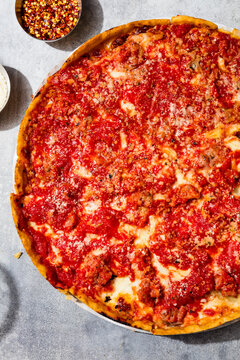 Homemade Chicago Style Deep Dish Pizza with Sausage and Cheese