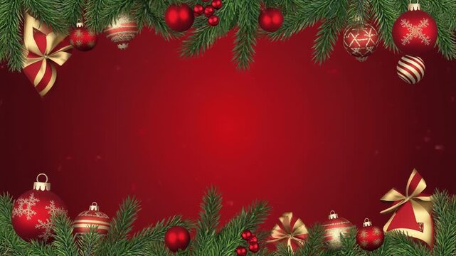 Festive Christmas border with baubles and pine garland against deep red background motion