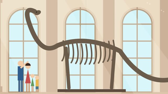 Animated flat design of a family visiting a natural history museum looking at a giant sauropod dinosaur skeleton and taking pictures in a large bright gallery