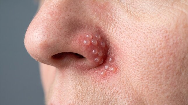 Extreme macro of herpes simplex virus blister cluster eruption on nostril and philtrum